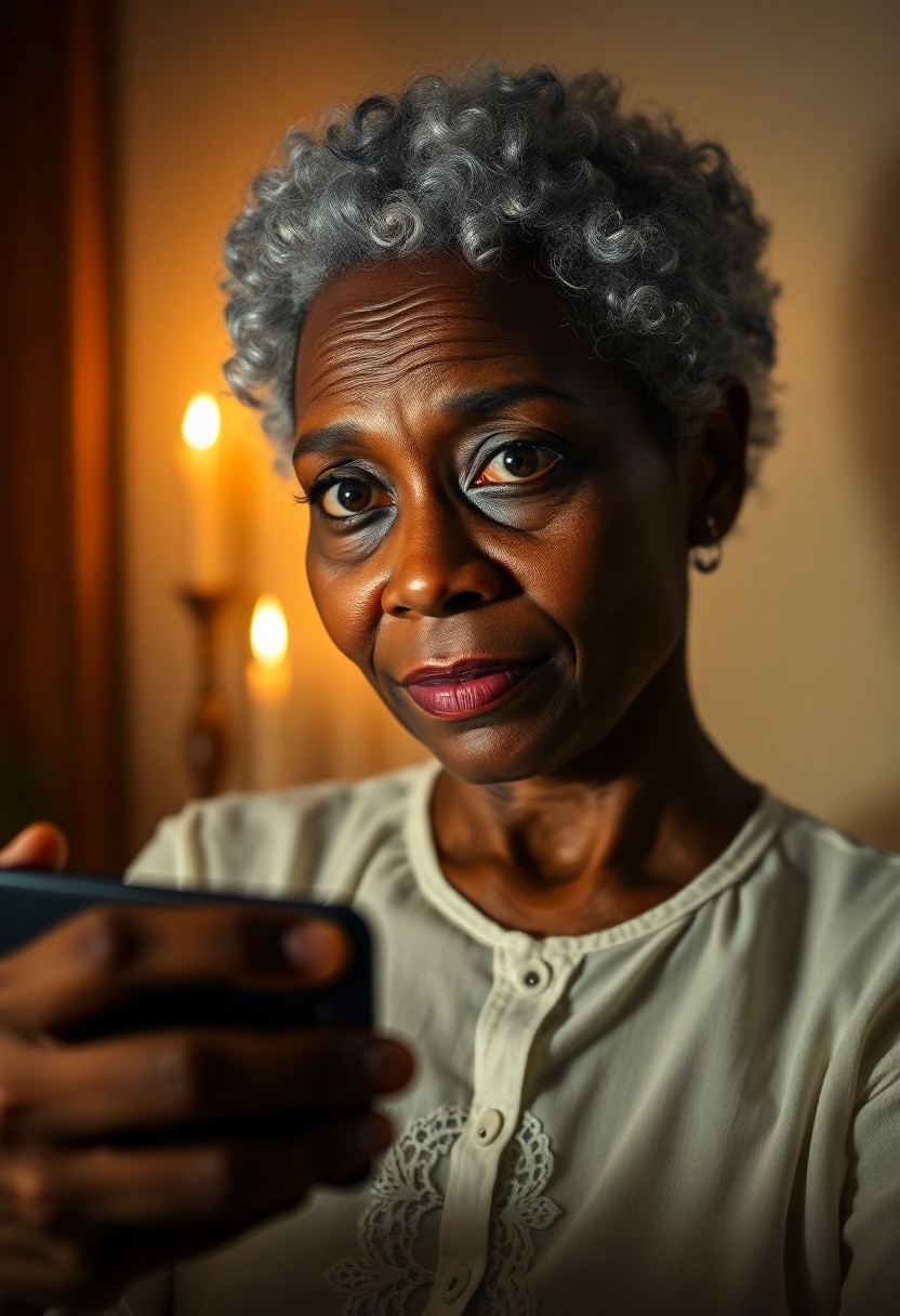 AI generated art for prompt: A photorealistic portrait of a middle-aged Caribbean woman captured with a smartphone camera. Her sh