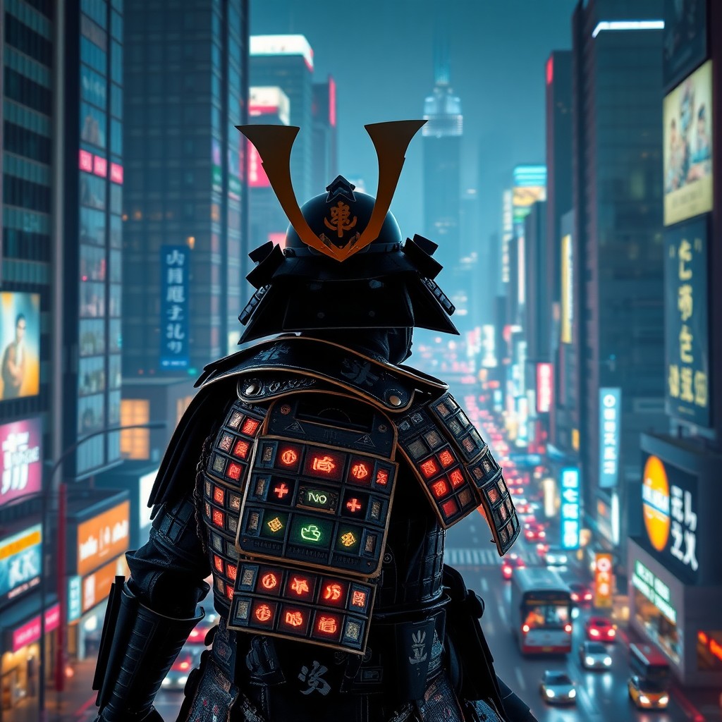 AI generated art for prompt: Depict a modern-day samurai, fully armored and positioned at the edge of a bustling futuristic citys