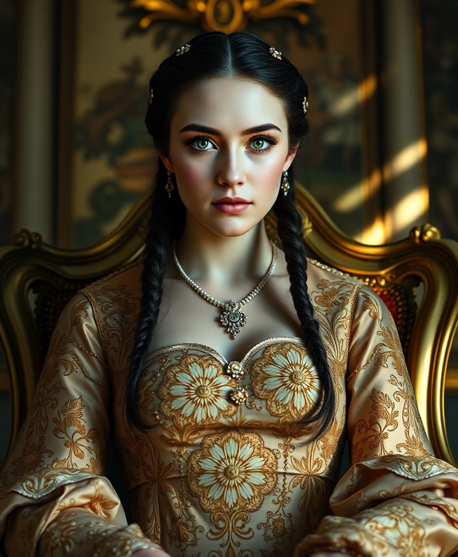 AI generated art for prompt: A photorealistic Baroque portrait captures an Eastern European woman with porcelain skin and serene 