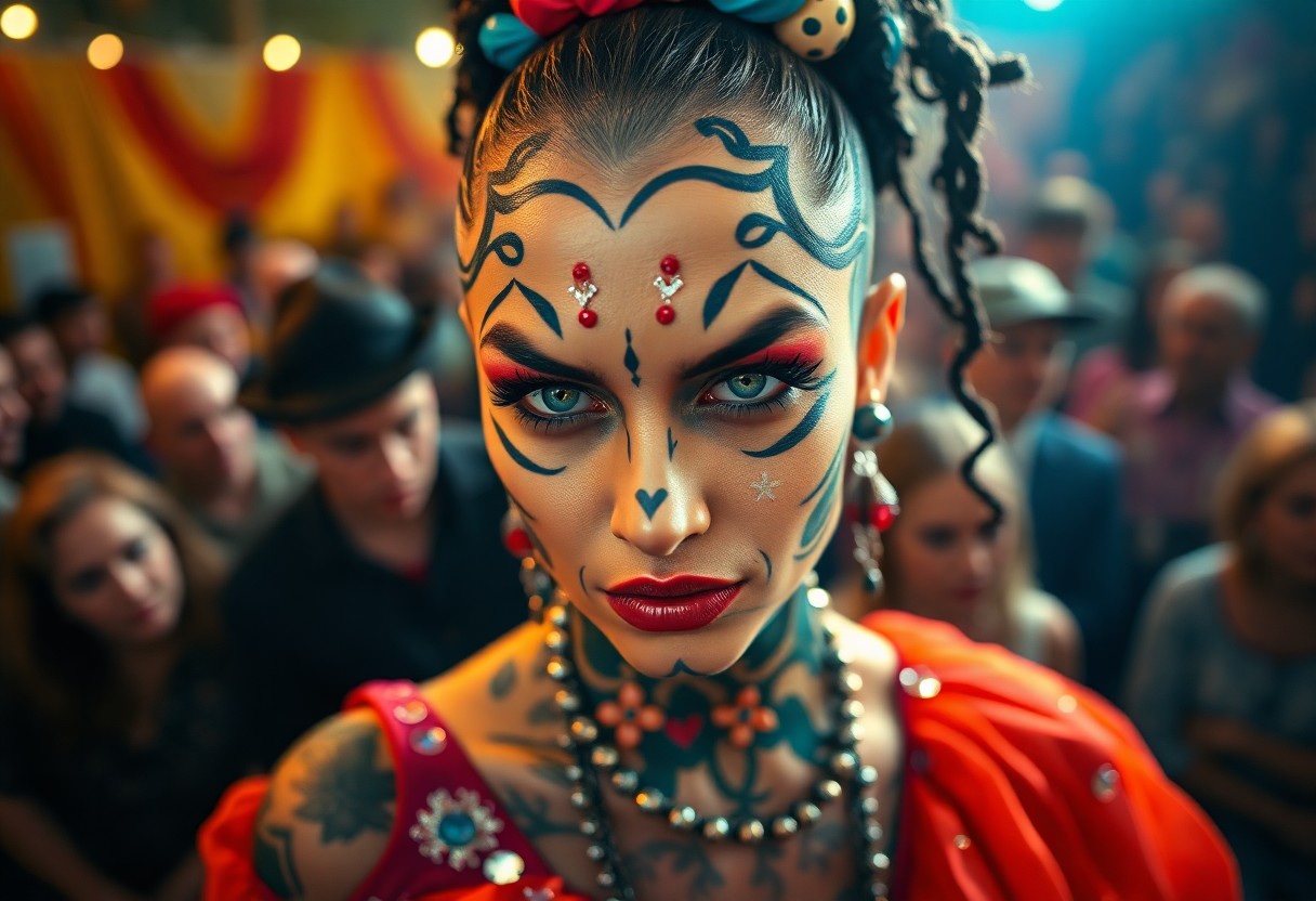 AI generated art for prompt: A captivating portrait of a tattooed circus performer amidst a crowd, her intricate facial tattoos s