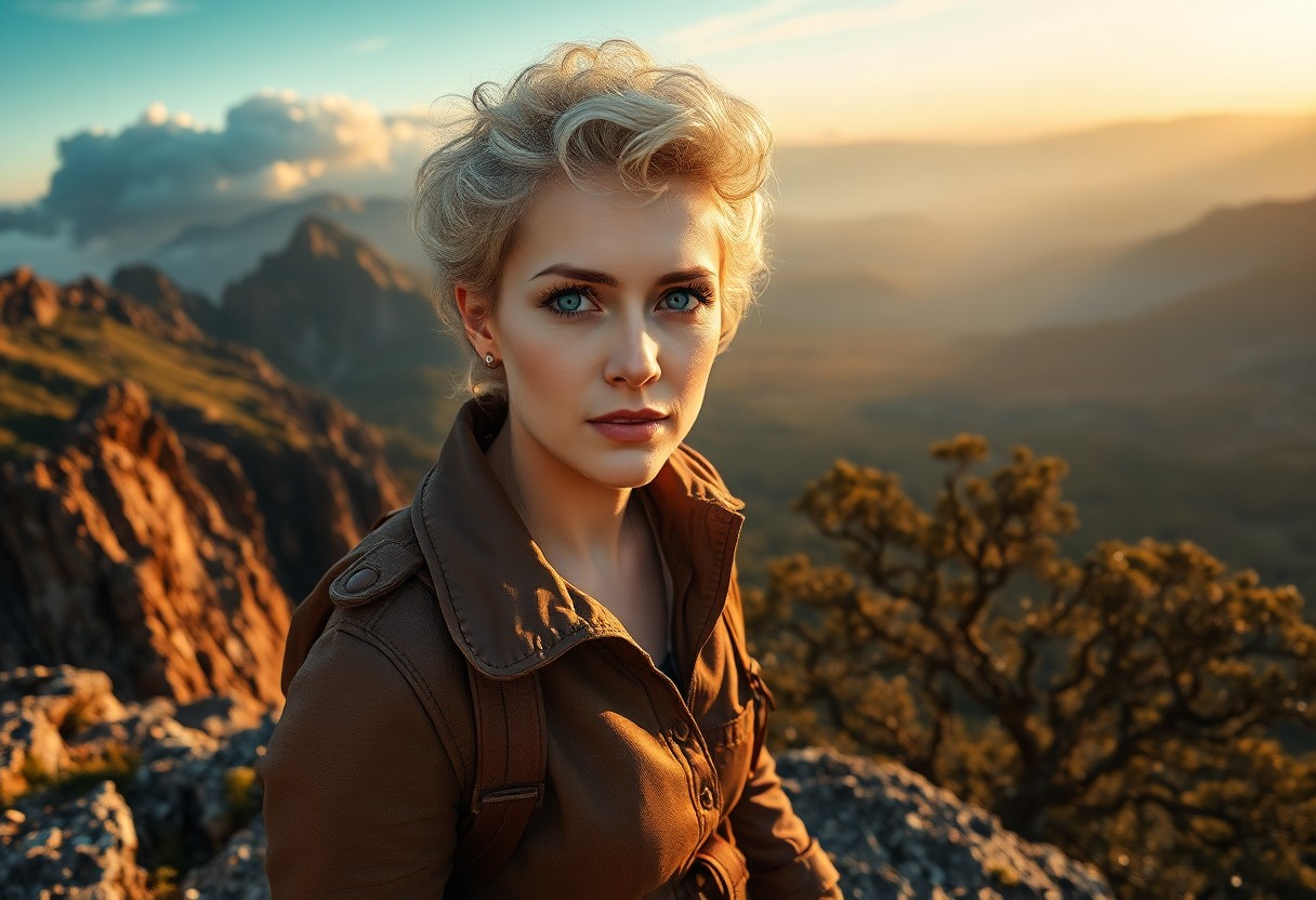 AI generated art for prompt: Envision an ultrarealistic portrait of a female explorer with tender blue eyes and short, curly silv