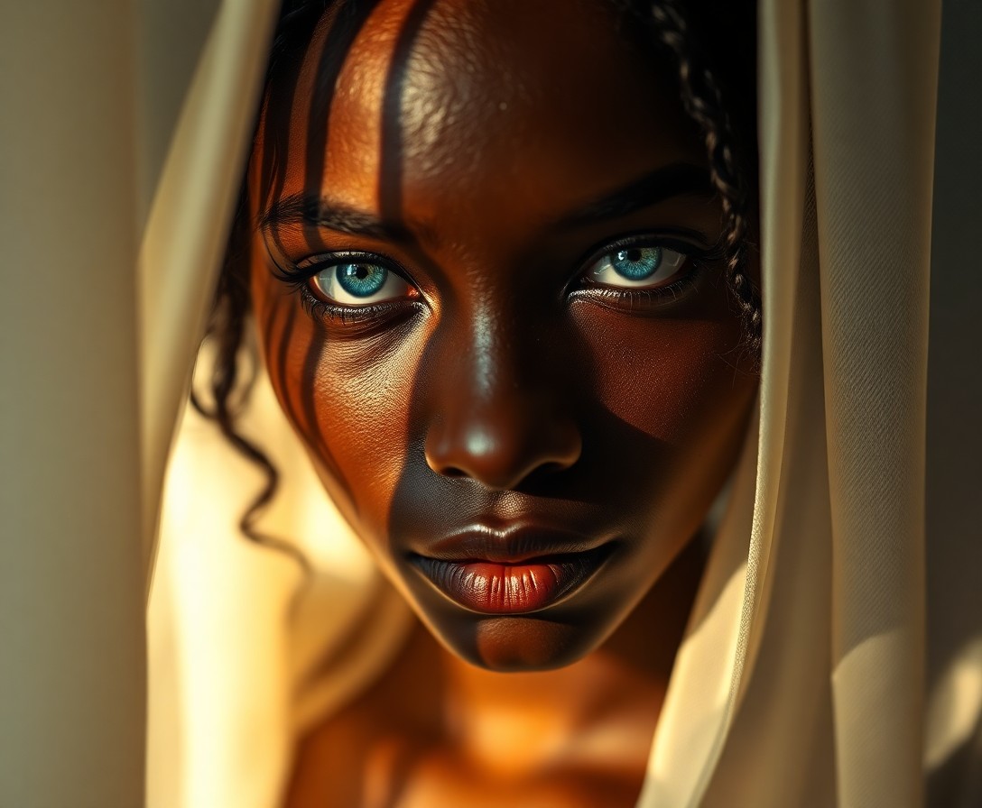 AI generated art for prompt: A photorealistic portrait of a Sub-Saharan African woman exudes an enigmatic allure with her melanch