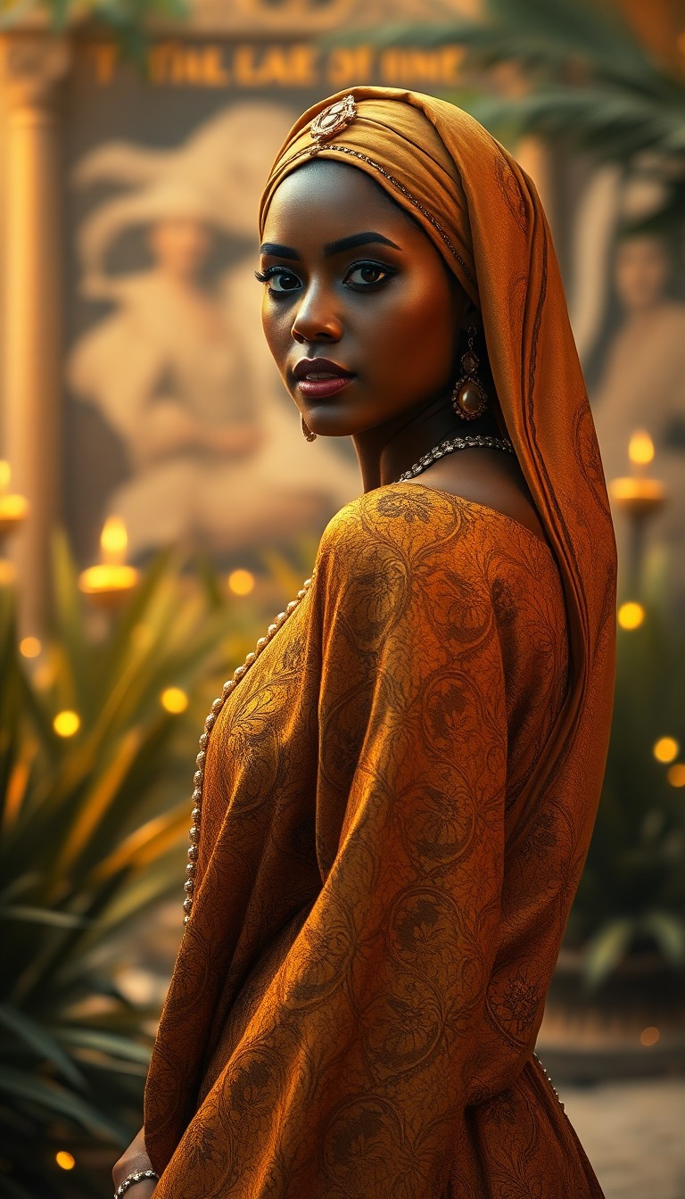 AI generated art for prompt: Envision a captivating portrait of an enigmatic North African woman adorned in a lavish golden gown 