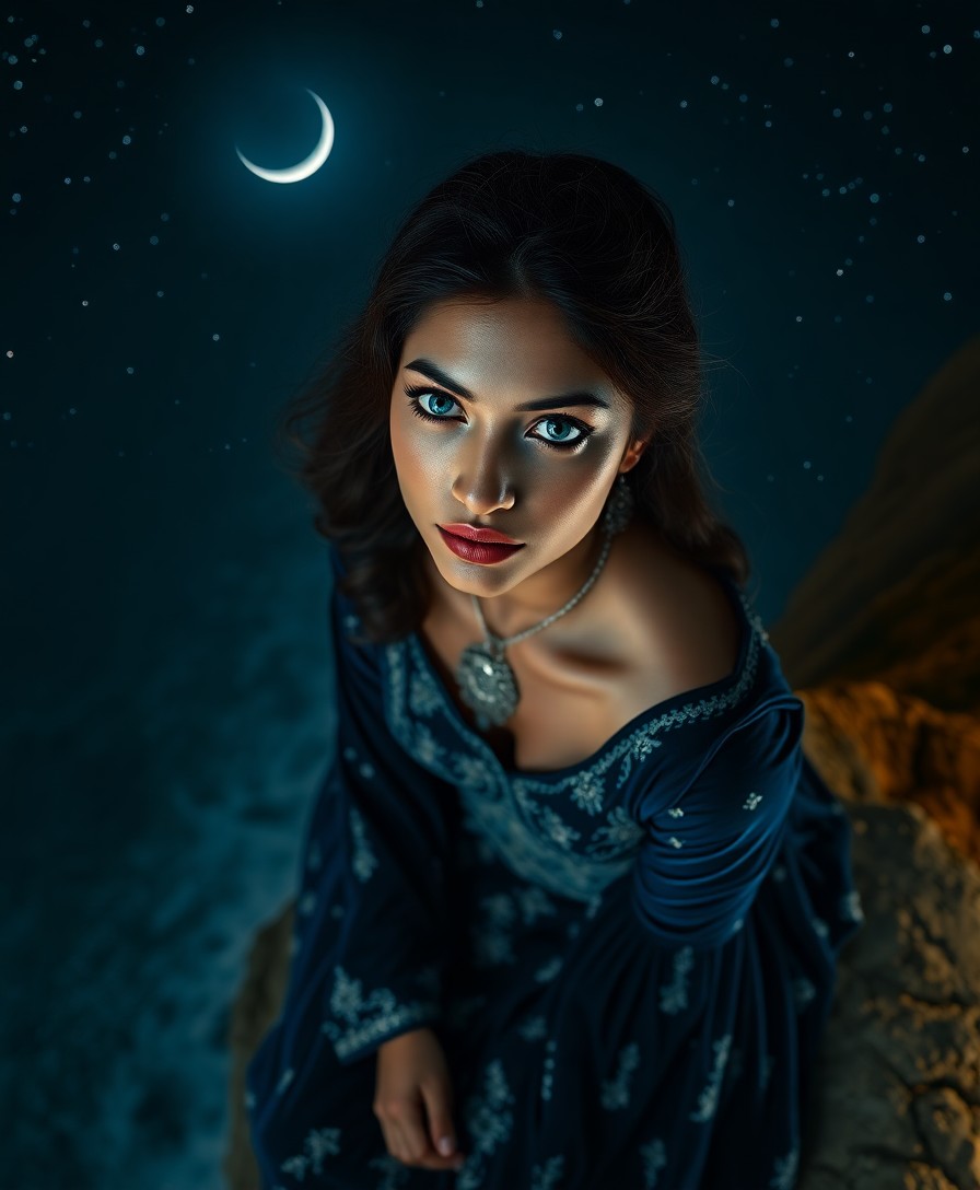 AI generated art for prompt: A South Asian woman with piercing azure eyes and porcelain skin sits on a crumbling cliff's edge, he