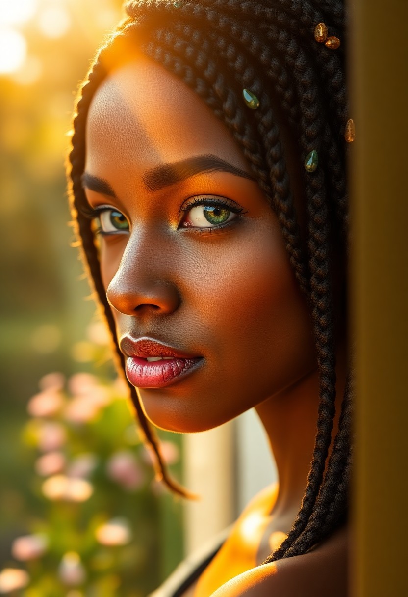 AI generated art for prompt: Craft a photorealistic portrait of an African-American Hispanic woman with vibrant green eyes and in