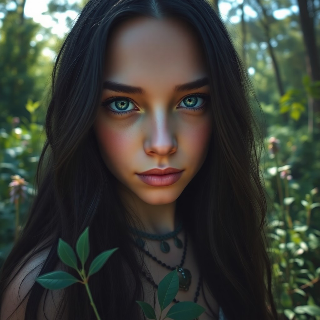 AI generated art for prompt: A highly realistic portrait of a young Native American woman with enigmatic emerald eyes and long ra