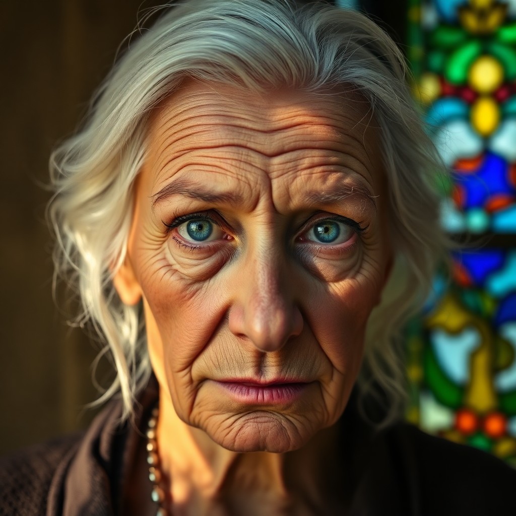 AI generated art for prompt: A photorealistic portrait photograph captures an enigmatic elderly Slavic woman with deep wrinkles a