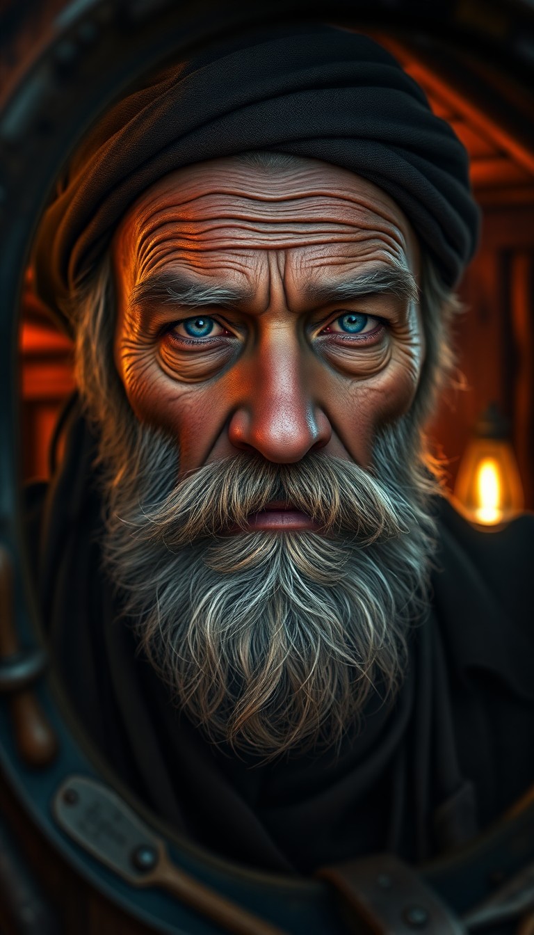 AI generated art for prompt: Craft a hyperrealistic portrait of an aged pirate with a rugged visage, grizzled beard, and soft blu