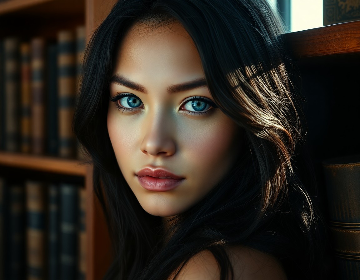 AI generated art for prompt: Imagine an intimate close-up portrait of a young Polynesian woman, her fair skin and melancholic blu