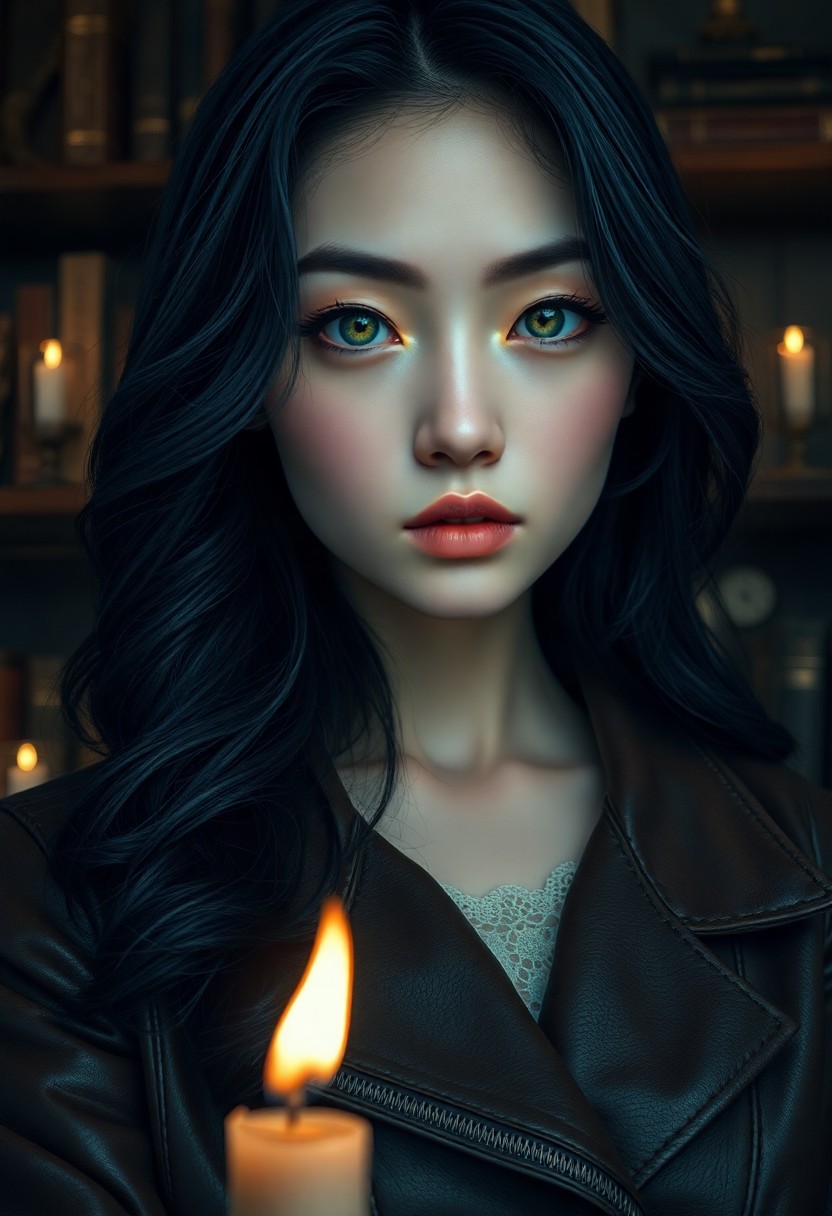 AI generated art for prompt: A hauntingly realistic portrait of an East Asian woman with ethereal green eyes and porcelain skin, 