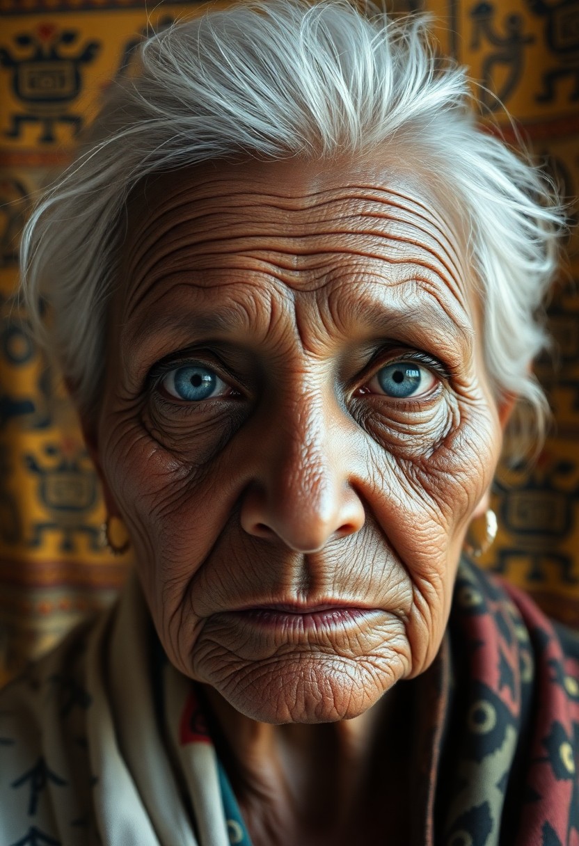 AI generated art for prompt: Craft a photorealistic portrait of an elderly Melanesian woman with deeply etched wrinkles and pierc