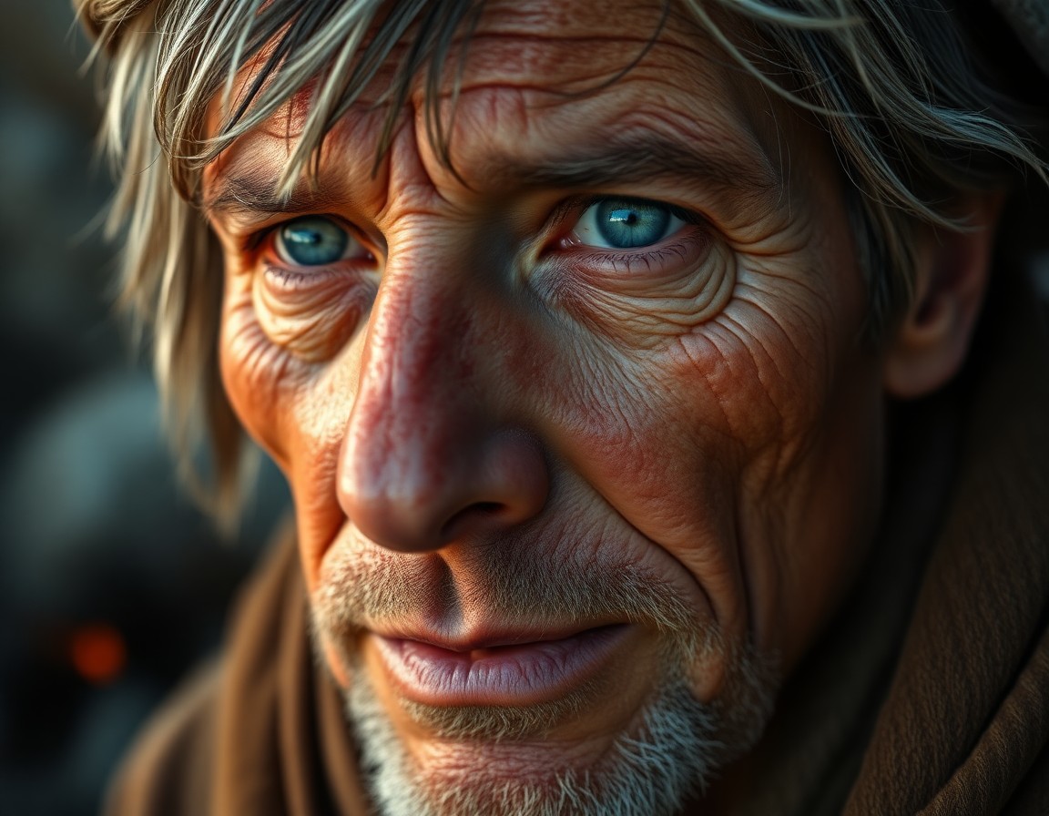 AI generated art for prompt: A time-worn wanderer's essence is captured in this highly detailed DSLR portrait, focusing on their 