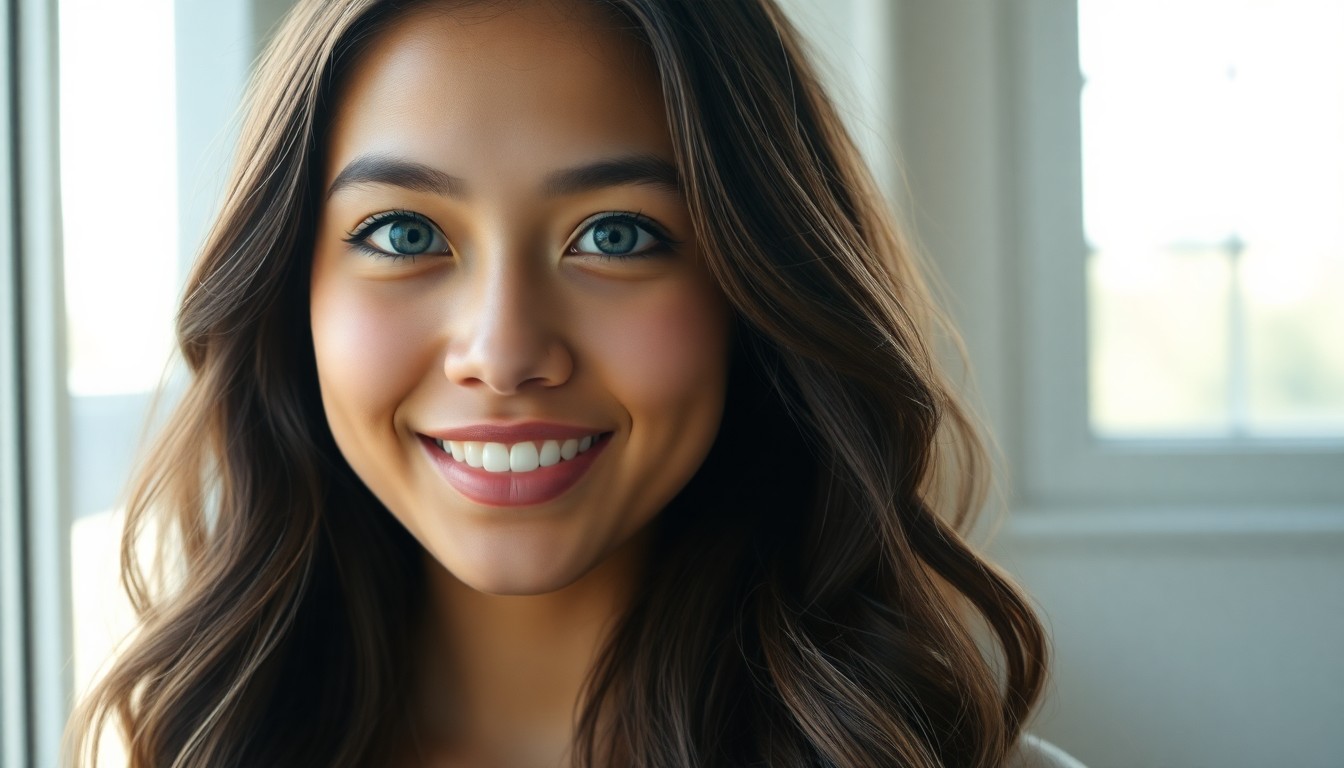 AI generated art for prompt: Visualize a high-resolution iPhone portrait of a young Pacific Islander woman with dreamy blue eyes 