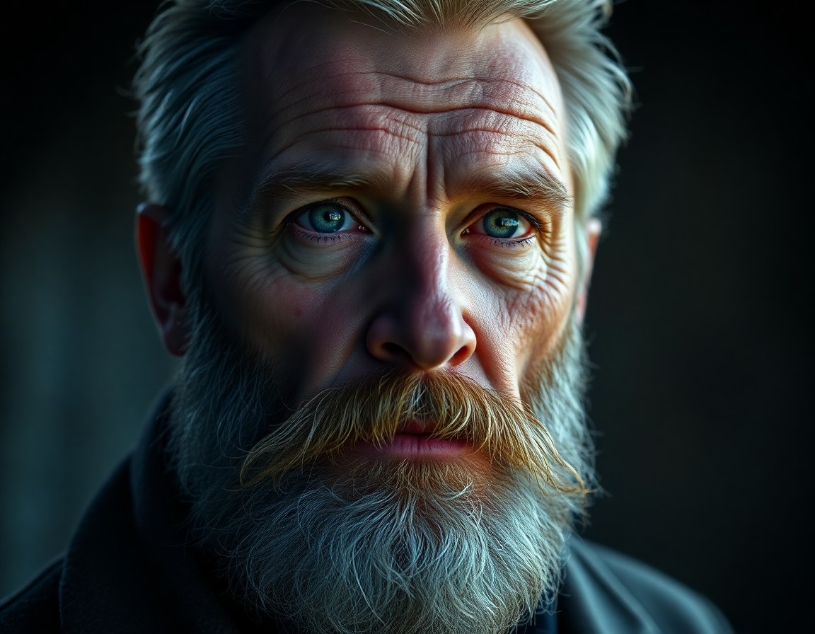 AI generated art for prompt: Craft a photorealistic portrait of a ruggedly handsome middle-aged Nordic man with distinctively chi