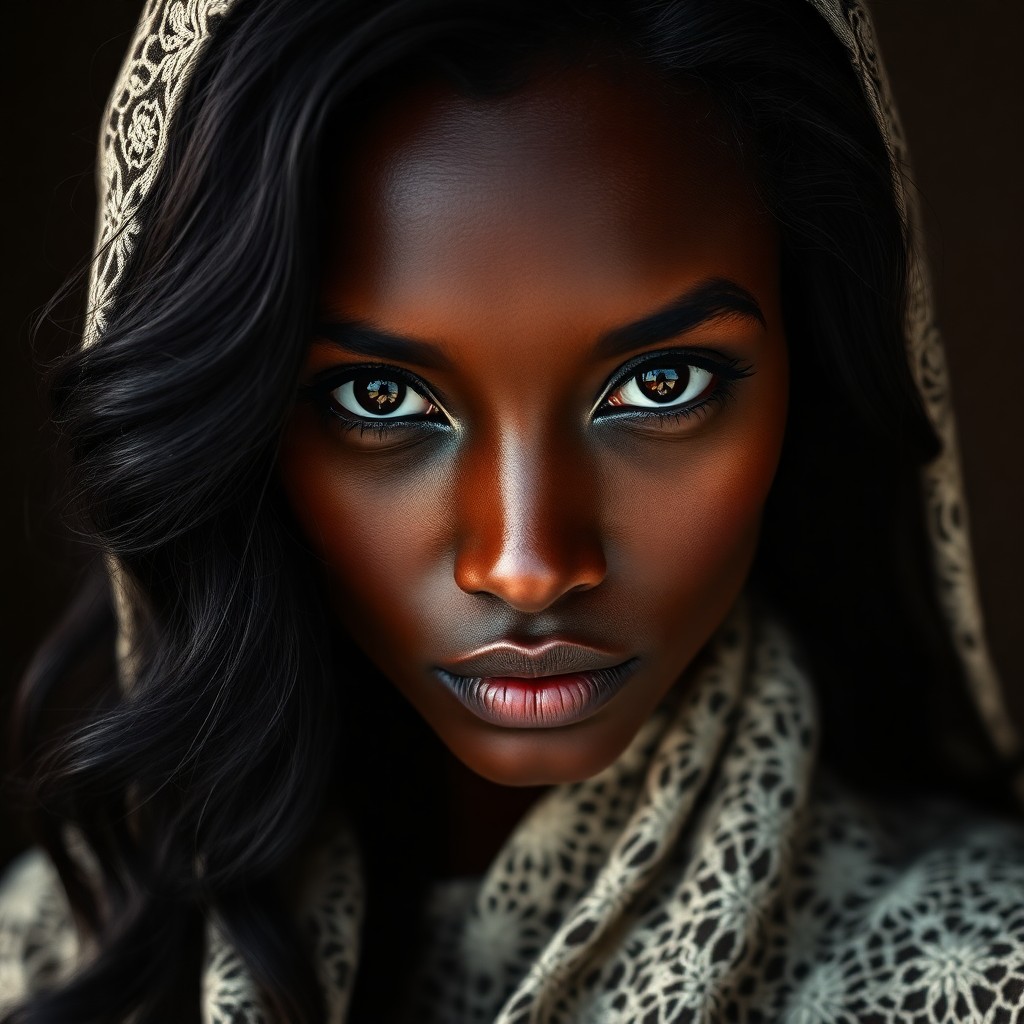 AI generated art for prompt: A photorealistic portrait of an enigmatic Sub-Saharan African woman with deep emerald eyes and raven