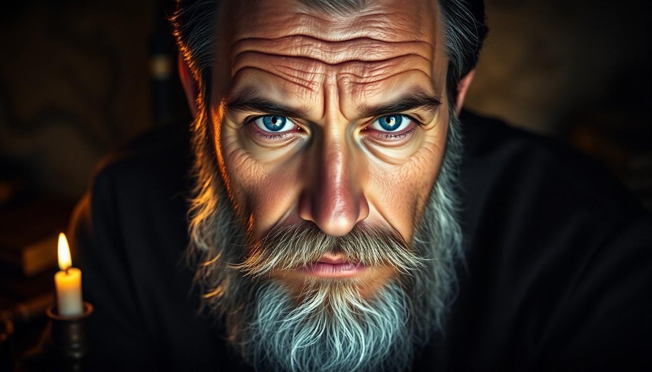 AI generated art for prompt: A photorealistic portrait of a middle-aged Caucasian man with rugged features, his piercing blue eye