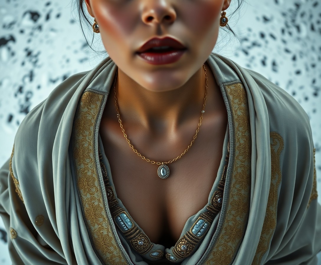 AI generated art for prompt: A photorealistic portrait captures an Inuit woman's enigmatic allure, dressed in a modern Roman-insp