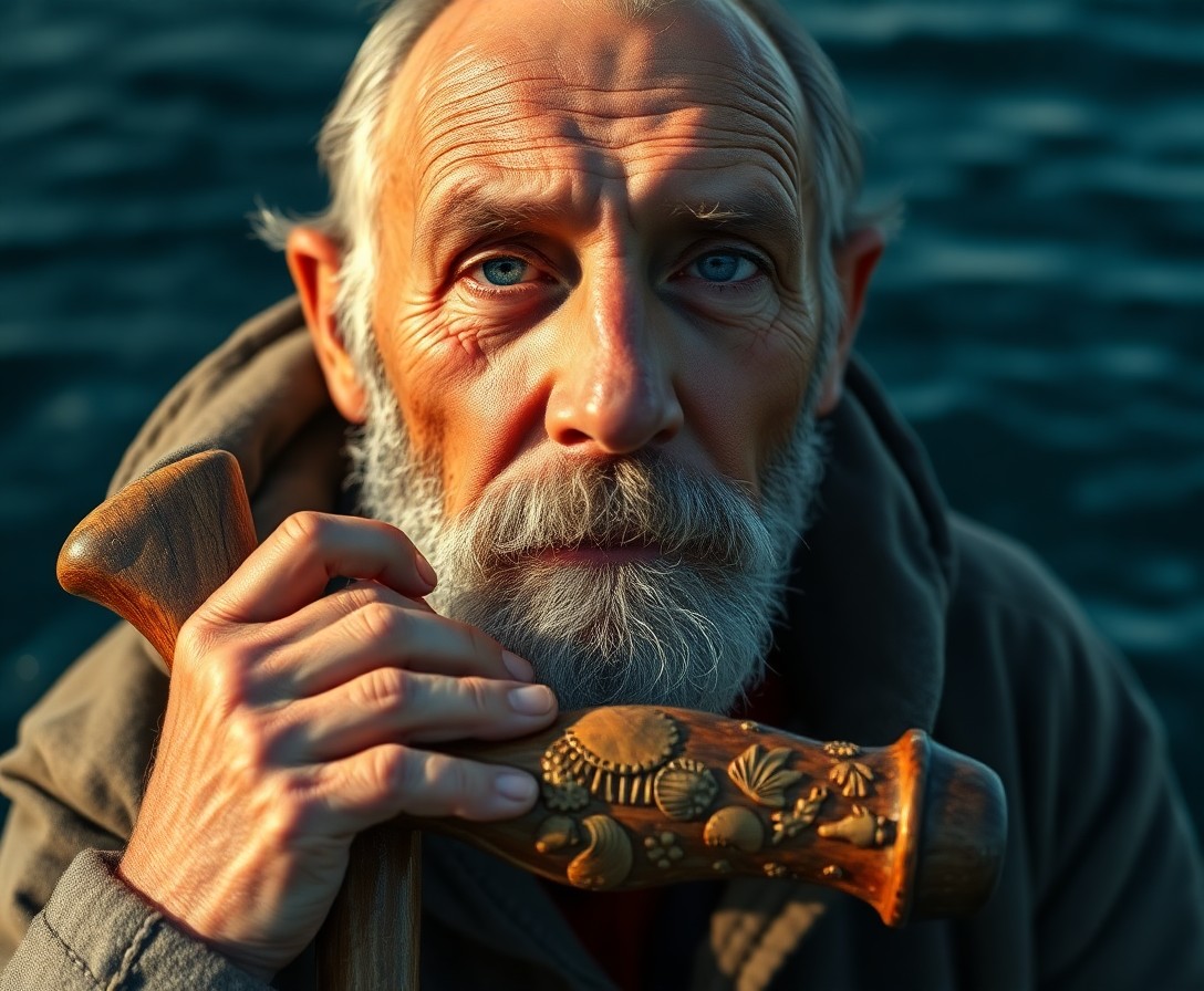 AI generated art for prompt: A highly detailed ultrarealistic portrait showcases an old-school fisherman with sun-weathered skin,