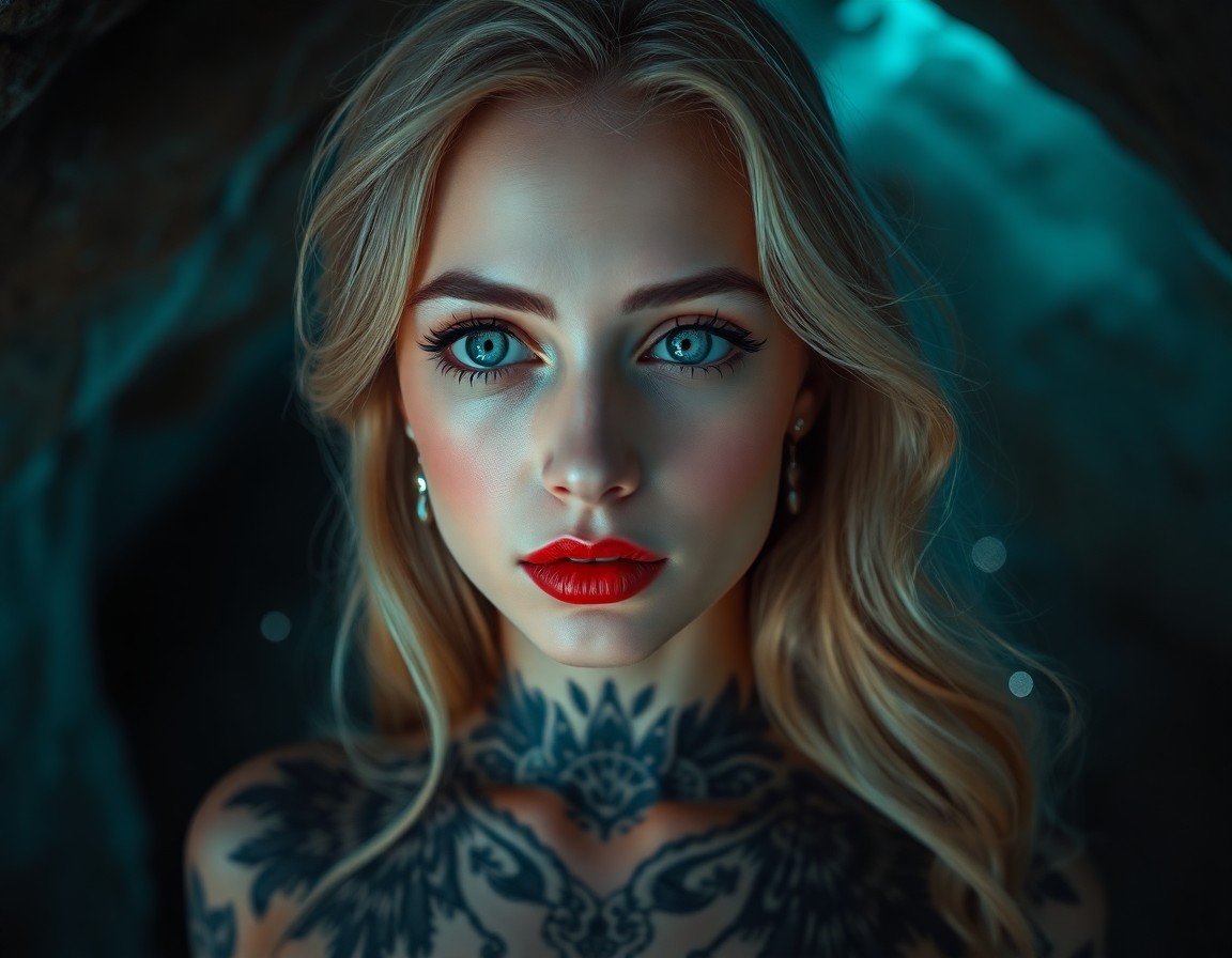 AI generated art for prompt: Envision a photorealistic iPhone portrait of an enigmatic woman with captivating blue eyes, full red