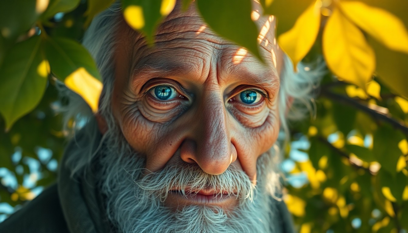 AI generated art for prompt: Envision an ultra-realistic portrait of a wise sage with hazy blue eyes and rugged features, reminis