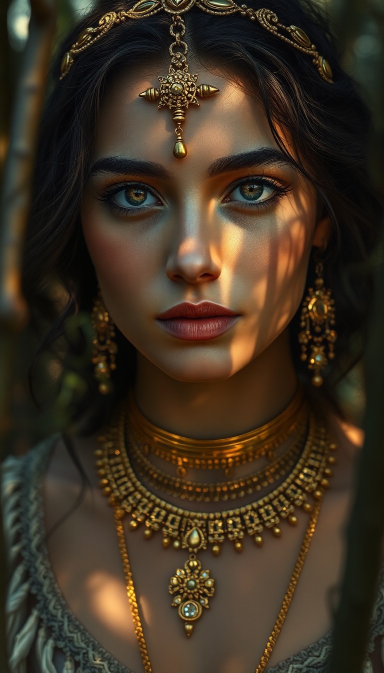 AI generated art for prompt: Craft a hyper-realistic portrait of a young Mediterranean woman adorned in intricate golden jewelry,