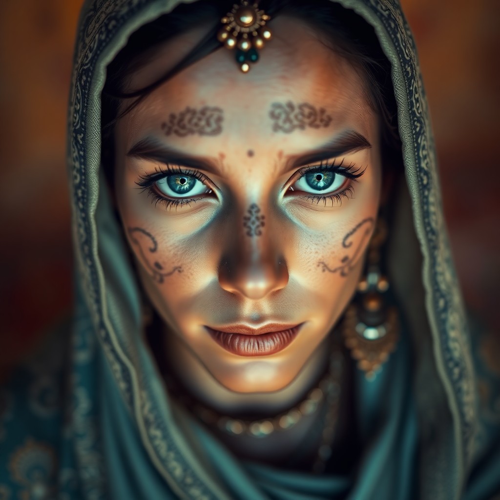 AI generated art for prompt: Create a hyper-realistic digital portrait of an enigmatic mystic with piercing blue eyes and intrica