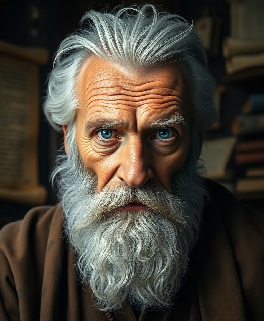 AI generated art for prompt: A super-realistic portrait captures an aged sage with kind blue eyes beneath bushy white eyebrows in