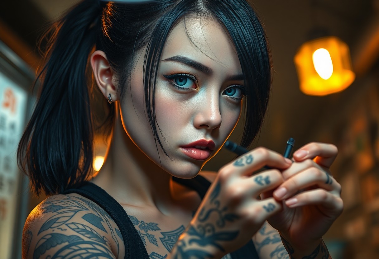 AI generated art for prompt: Envision a captivating portrait of a mysterious tattoo artist with gentle blue eyes and striking bla