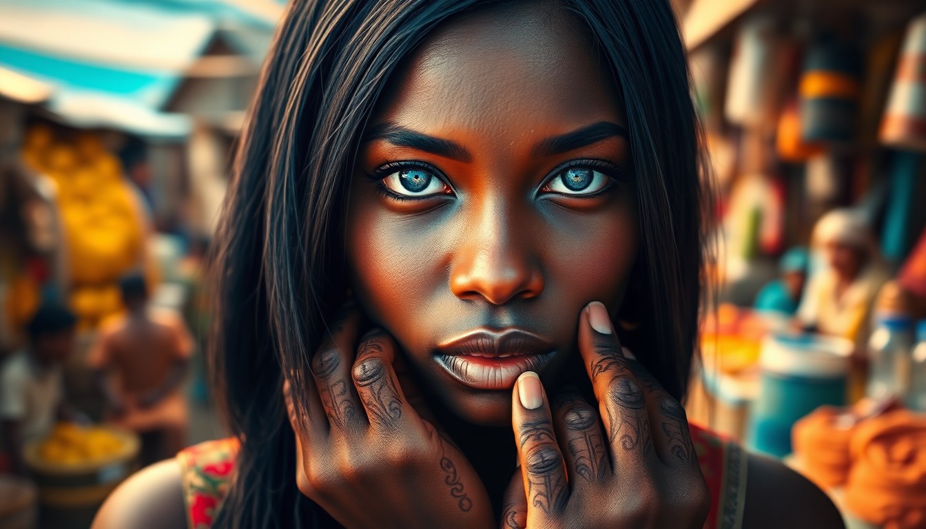 AI generated art for prompt: A captivating photorealistic portrait depicts a Sub-Saharan African woman with soft blue eyes and an