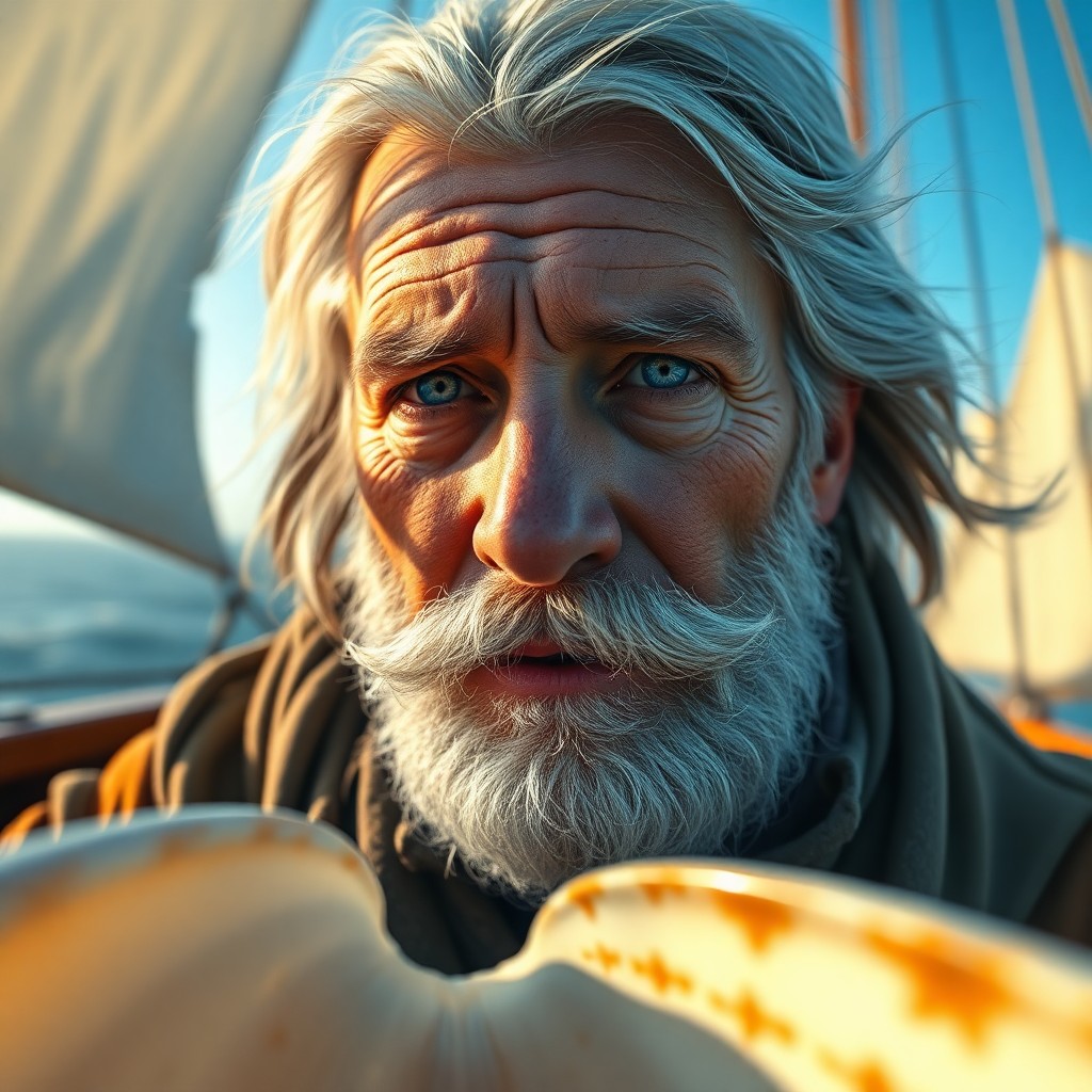 AI generated art for prompt: Visualize a hyperrealistic portrait of an aged sea captain with misty blue eyes and a graying beard,