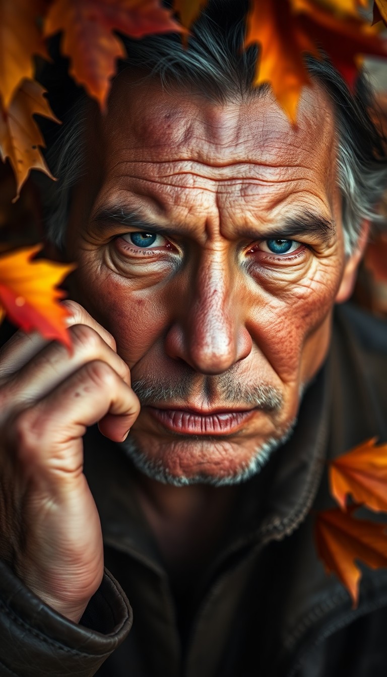 AI generated art for prompt: Craft a highly realistic portrait of a middle-aged Native American man with weathered skin and gentl