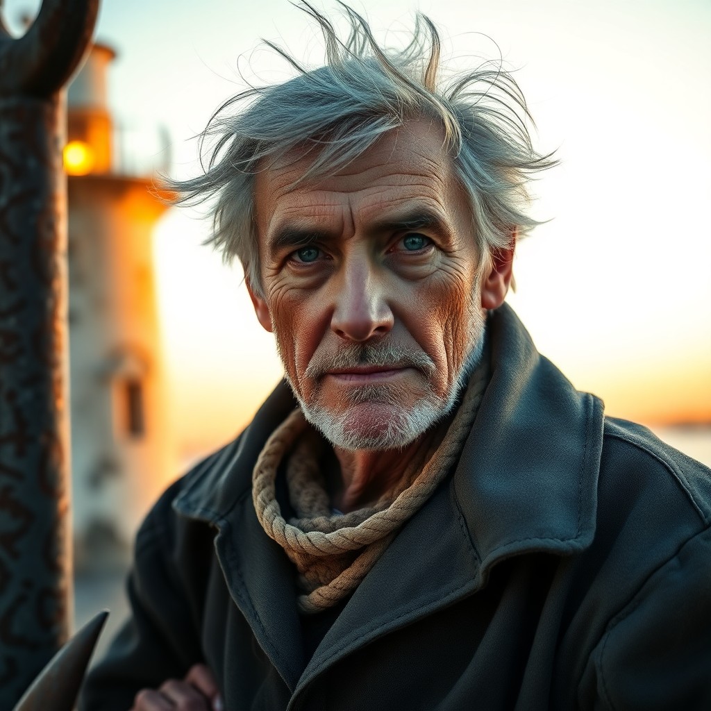 AI generated art for prompt: A captivating portrait showcases an aged sailor with shabby-chic wisdom and dreamy blue eyes in a th