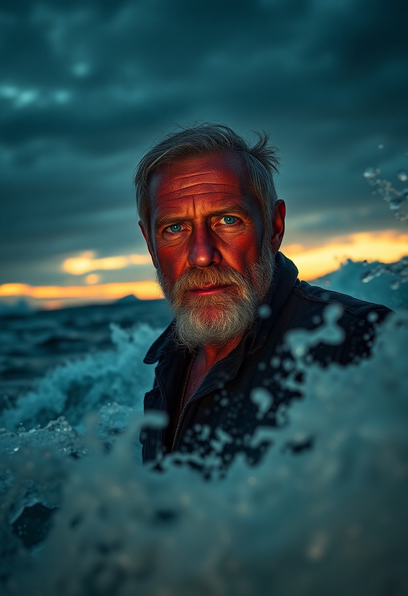 AI generated art for prompt: Captivating portrait of a weathered fisherman with sun-kissed skin and serene blue eyes amidst storm