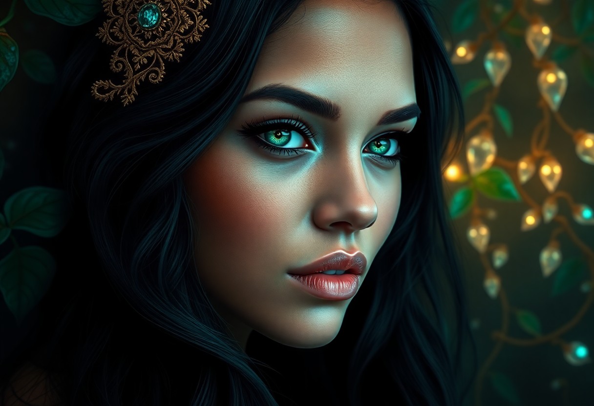 AI generated art for prompt: Imagine a captivating portrait of a Polynesian woman with striking emerald eyes and cascading raven 