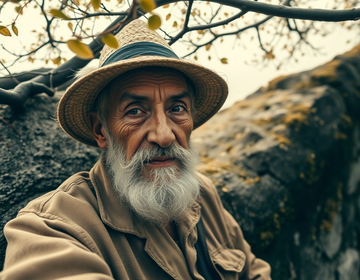 AI generated art for prompt: Craft a vintage sepia-toned portrait with an ethereal quality, featuring an elderly man in a tattere