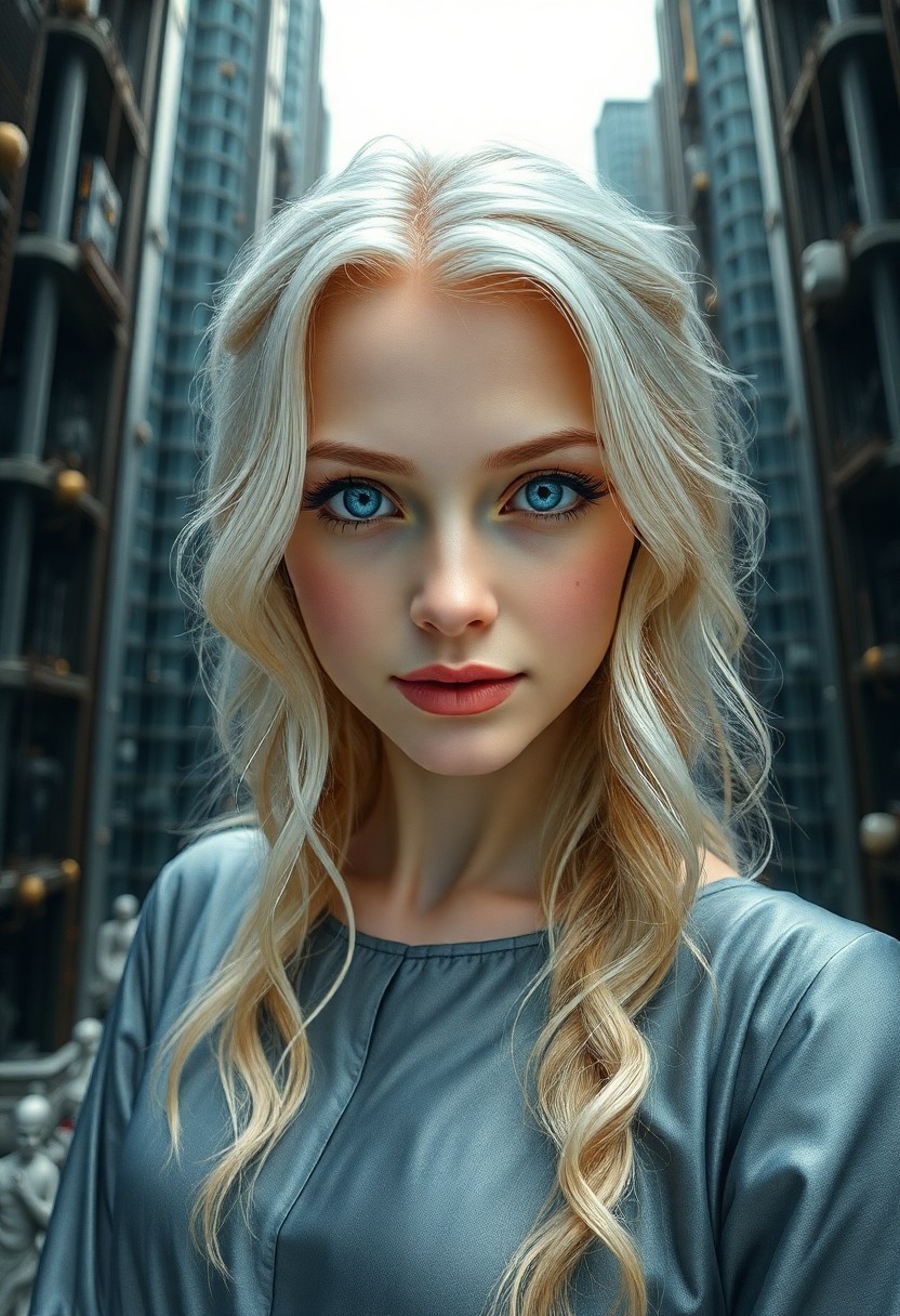 AI generated art for prompt: Envision a photorealistic portrait of an enigmatic Celtic woman with warm blue eyes, her medium-leng