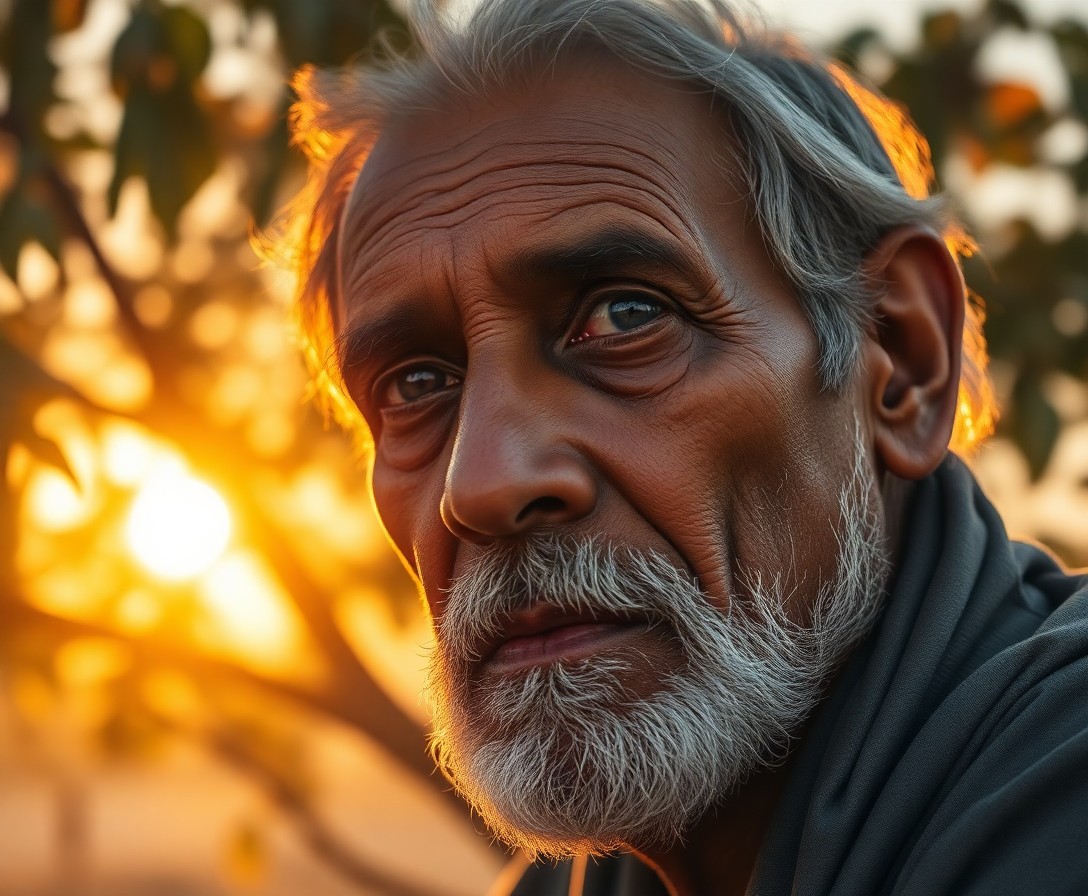 AI generated art for prompt: Craft a high-definition cinematic portrait of an elderly South Asian man with weathered skin and pie