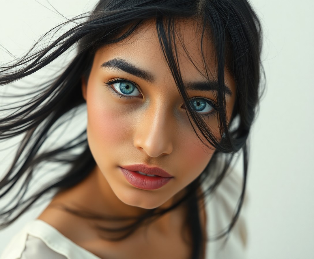 AI generated art for prompt: Craft a photorealistic portrait of an enchanting South Asian woman with gentle blue eyes and flowing