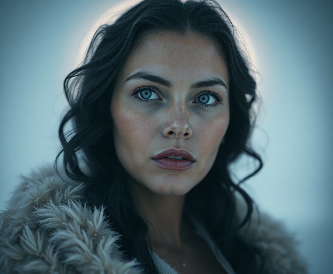 AI generated art for prompt: Visualize a hyperrealistic portrait of an alluring Inuit woman with hazy blue eyes and dark, wavy ha