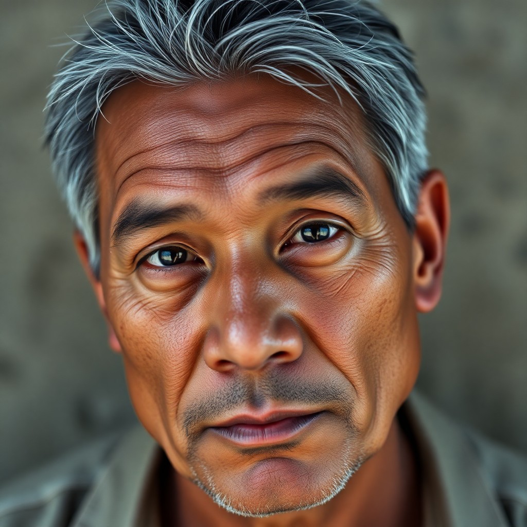 AI generated art for prompt: Craft a photorealistic portrait of a middle-aged Pacific Islander man, his rugged features, deep-set