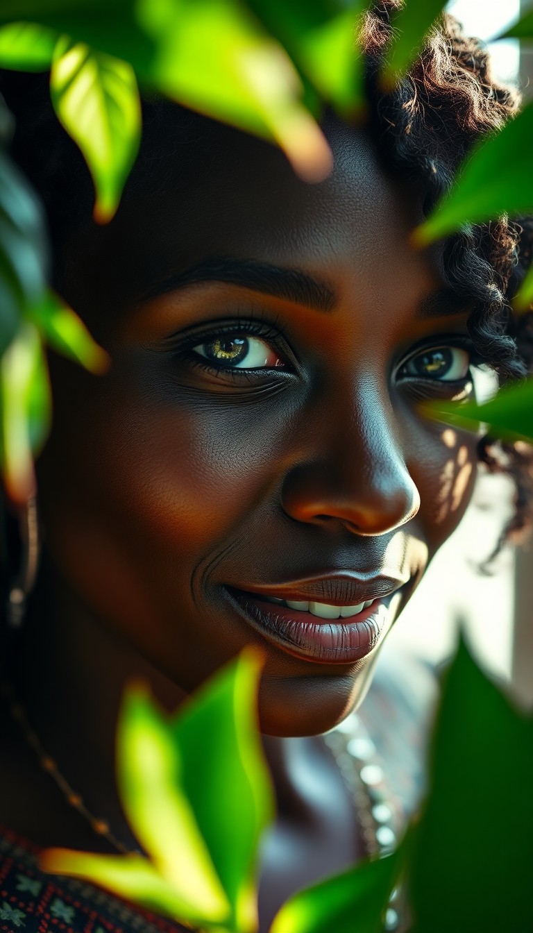 AI generated art for prompt: A mesmerizing close-up portrait reveals an African woman's enigmatic allure, her striking green eyes