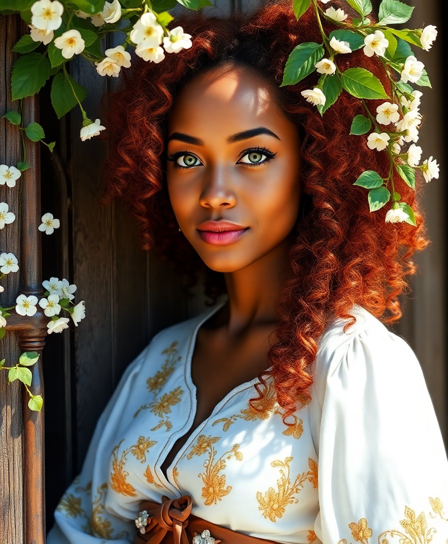 AI generated art for prompt: Craft a high-definition digital portrait of a young Caribbean woman with fiery red curls framing her