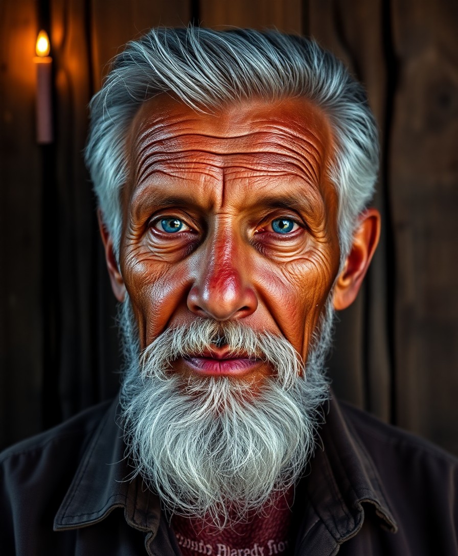 AI generated art for prompt: Craft a photorealistic portrait of an elderly Aboriginal man with compassionate blue eyes and gray h