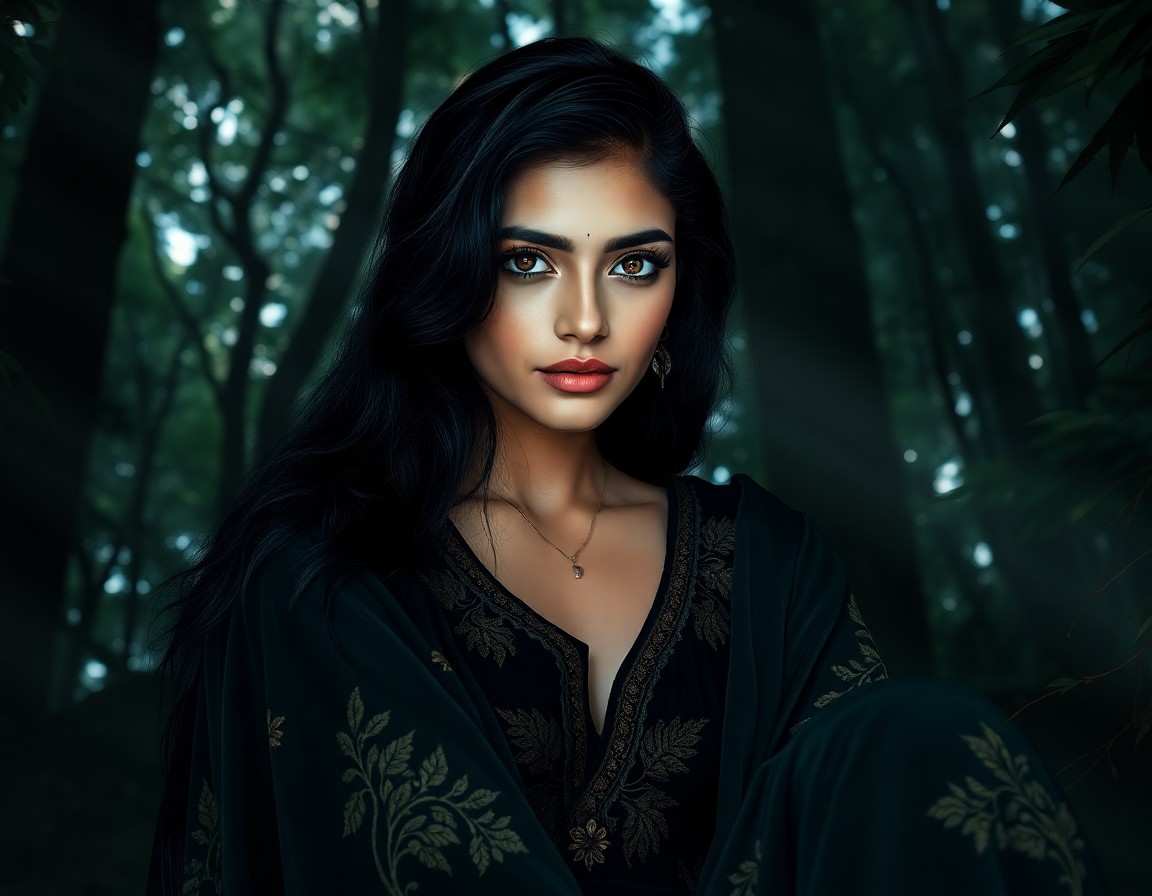 AI generated art for prompt: A photorealistic portrait photograph showcases an enigmatic Amazonian woman with distant blue eyes a