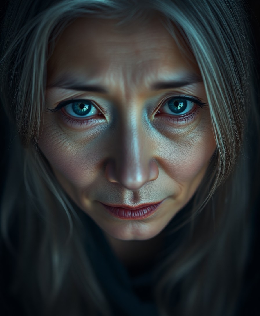 AI generated art for prompt: A photorealistic portrait captures an enigmatic middle-aged East Asian woman with soft blue eyes and