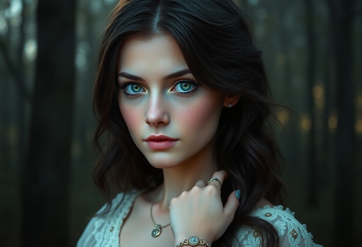 AI generated art for prompt: A serene Southern European woman with cascading dark hair and captivating green eyes stands amidst a