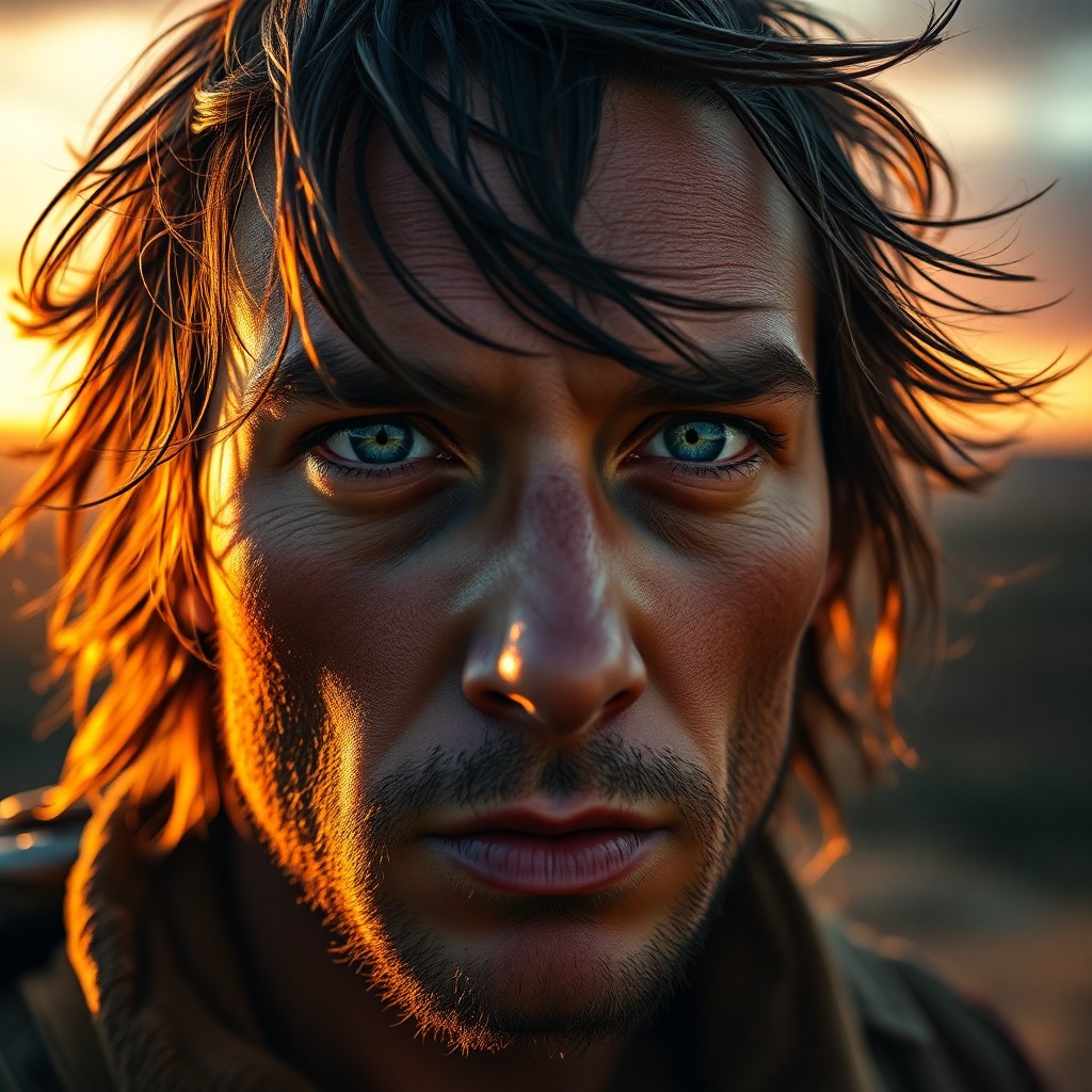 AI generated art for prompt: A close-up portrait showcases a weary yet resolute adventurer with piercing green eyes and unruly ha