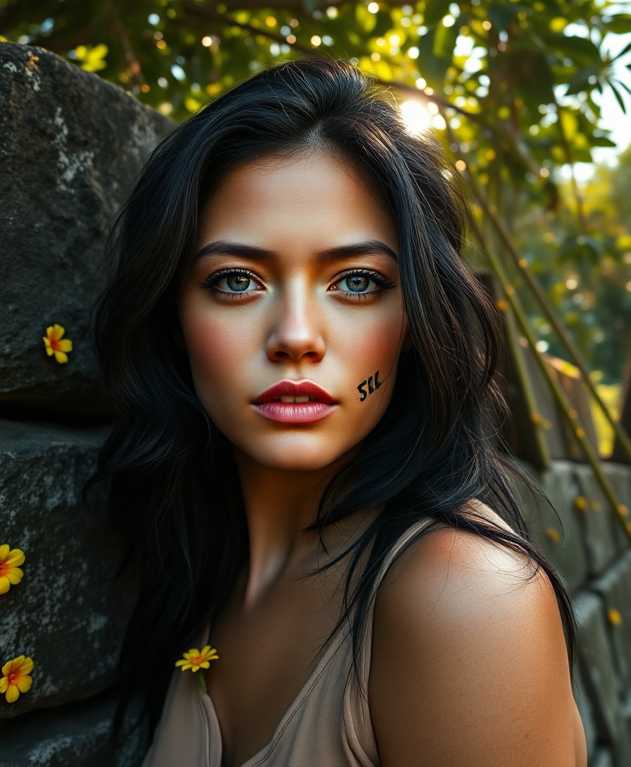 AI generated art for prompt: A photorealistic portrait captures an enigmatic Polynesian woman, aged 35, with captivating blue-gre