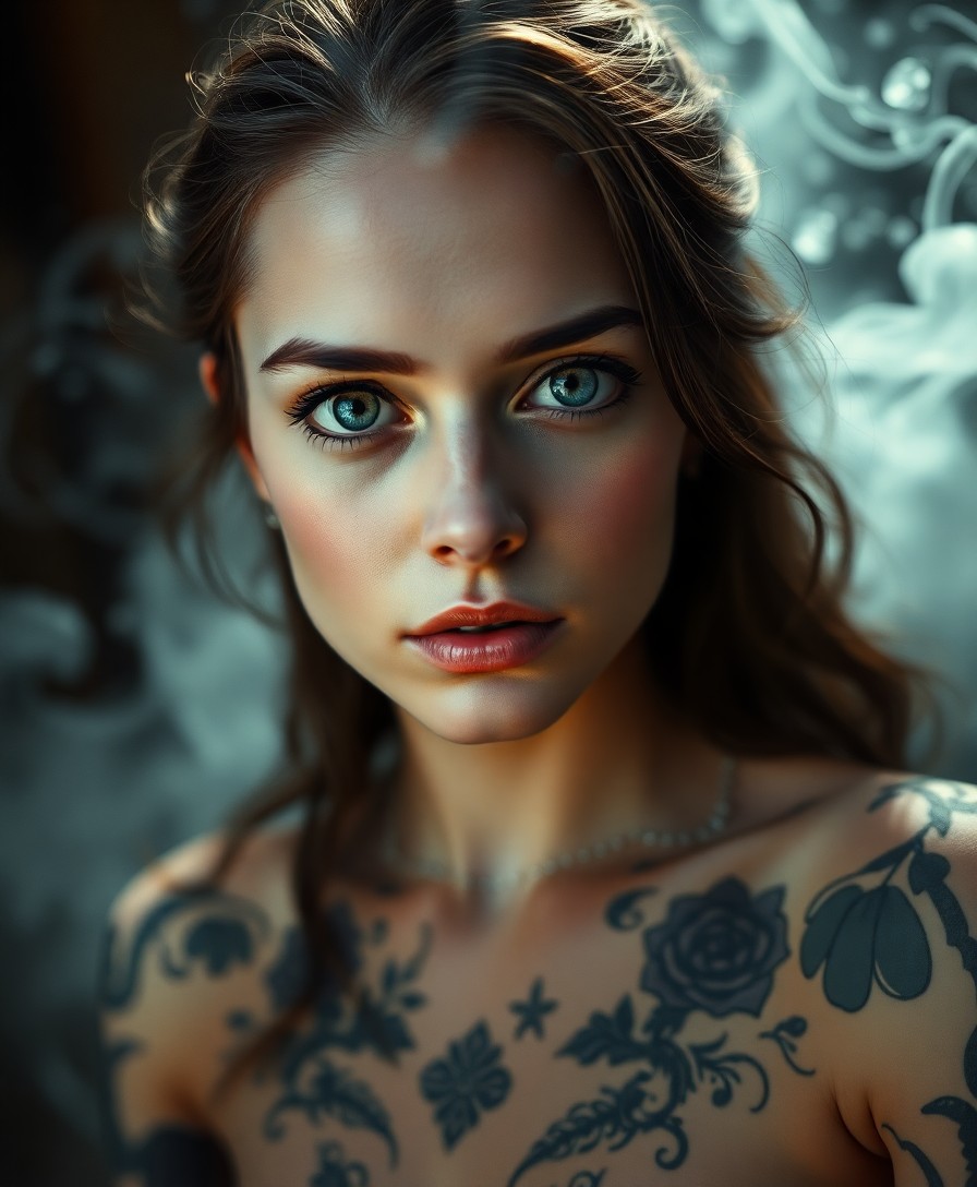 AI generated art for prompt: A hyperrealistic portrait depicts an enigmatic woman with captivating warm blue eyes and intricate t