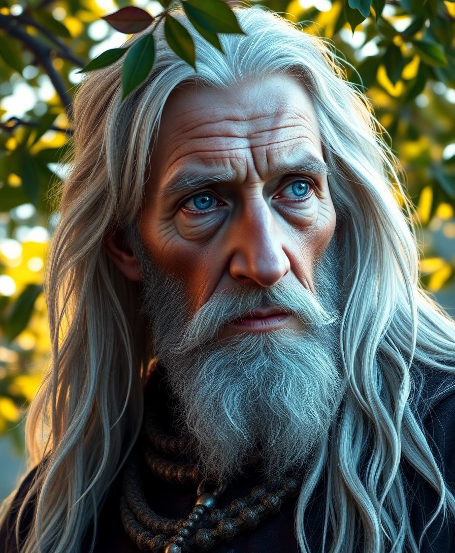 AI generated art for prompt: Craft a photorealistic portrait of an aged wizard with serene blue eyes, his weathered skin adorned 